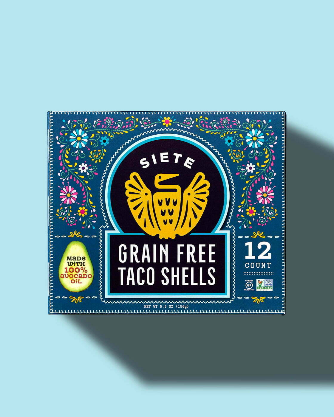Siete Grain Free Taco Shells packaging sitting on a light blue background.